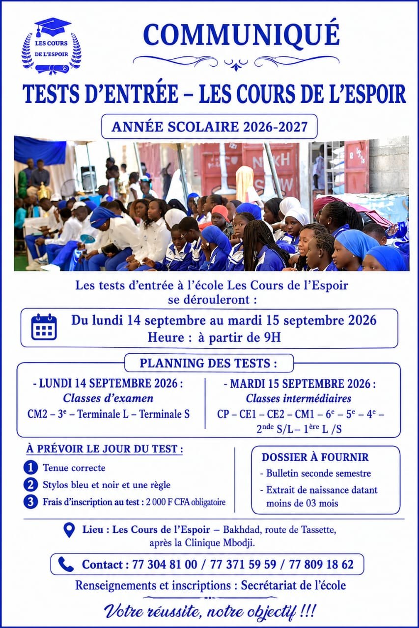 Affiche détaillée du communiqué des tests d'entrée, avec planning complet par classe