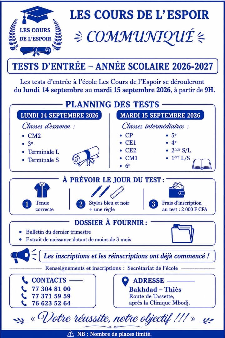 Tests d’entrée 2026-2027 : dates, planning et documents à fournir